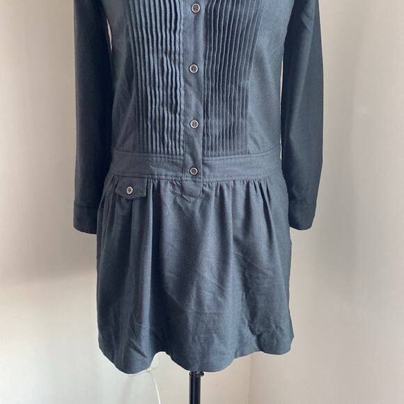 J. CREW Drop Waist Dress Womens Sz 2 Grey Wool Pleated Front Button Down - Picture 4 of 7